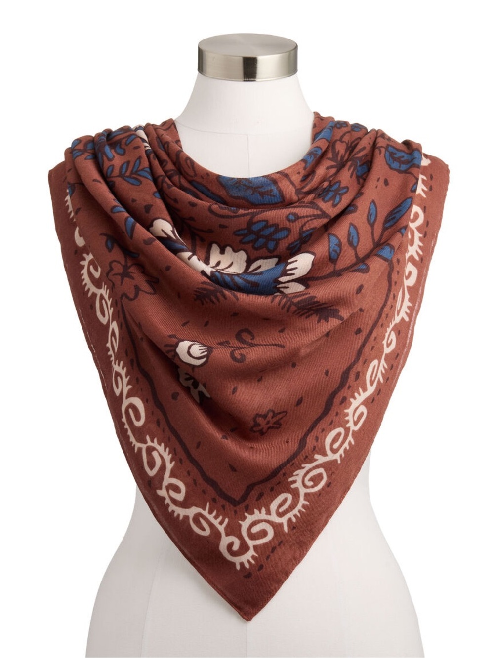 World Market Oversized 48X48 Square Brown and Blue Floral Bandana Scarf